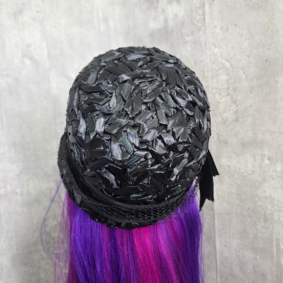 Vintage 60s Black Raffia Pillbox Hat ILGWU Jackie O Mod Cocktail‎ Mad Men main image 8
